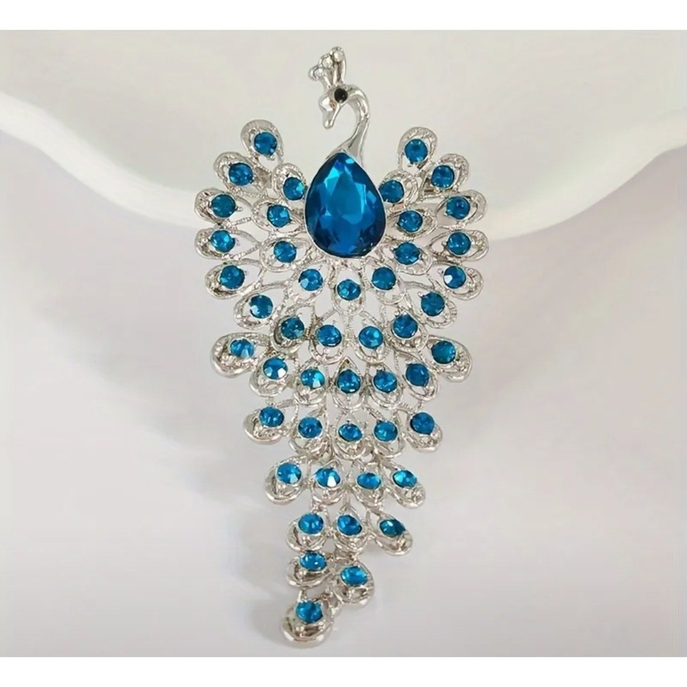 Peacock Brooch Pin Blue Rhinestone Crystal Bird Silver Tone Fashion Jewelry‎
